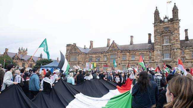 Thousands of protesters march through Sydney to the Sydney University Gaza solidarity encampment, on the Quad lawns for the Hands of Rafah demonstration. Picture: NCA NewsWire / Jeremy Piper