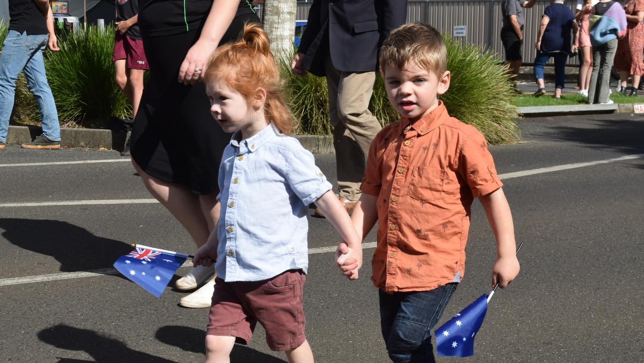 Young marchers join in on Main Street in Alstonville during the ANZAC DAY parade Picture: Nicholas Rupolo.