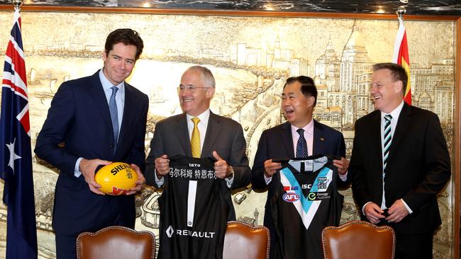 AFL chief executive Gillon McLachlan, Australian Prime Minister Malcolm Turnbull, Gui Guojie and Port Adelaide chief executive Keith Thomas at the announcement of the China game in 2016. Picture: Stephen Cooper