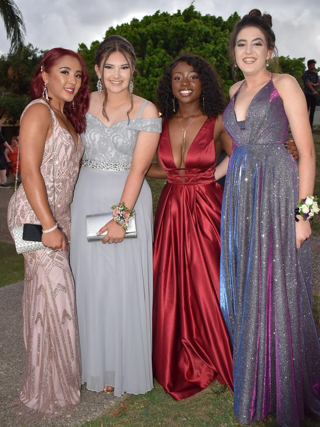 Lara Kunzi, Chloe Vella, Nicole Mtali and Ella Herring at the Mackay North State High School Year 12 formal at the Mackay Entertainment and Convention Centre, Saturday November 21, 2020. Picture: Heidi Petith