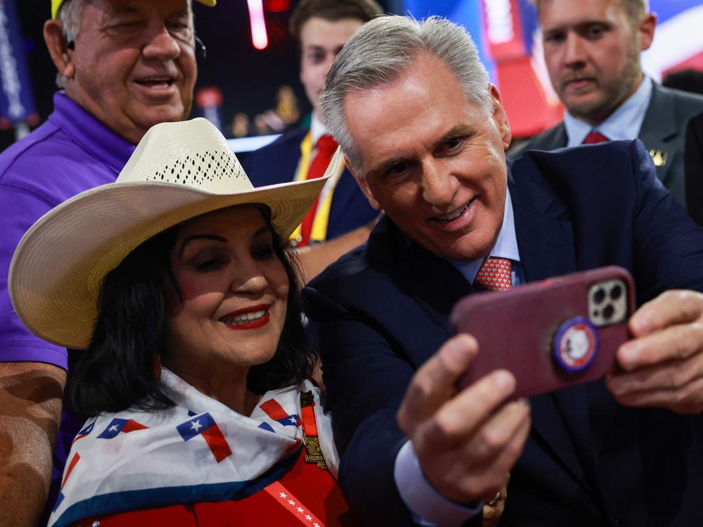 Former Speaker of the House Kevin McCarthy takes a selfie with an attendee at the Republican National Convention in Wisconsin in July. Picture: Joe Raedle/Getty Images/AFP