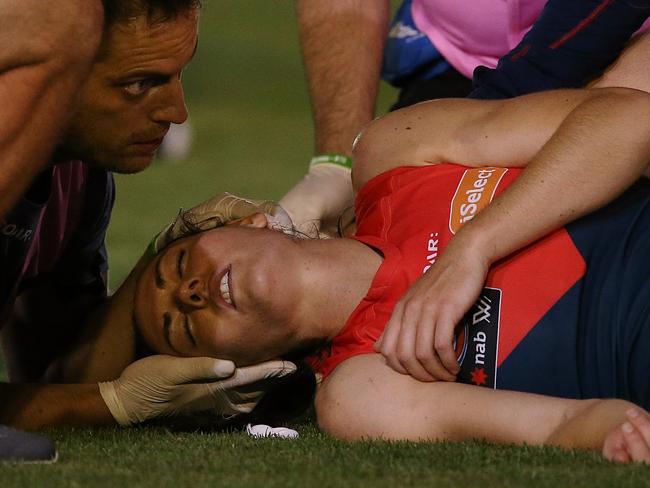 AFLW Melbourne Demons v Collingwood Meg Downie knocked out in the last term Picture:Wayne Ludbey