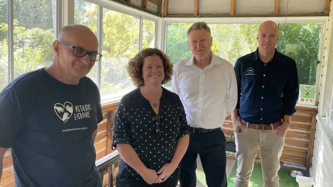 Resilient Lismore Project manager Grant Huggins, director Elly Bird, NSW Reconstruction Authority CEO Simon Draper and Andrew Bell with the Winsome.