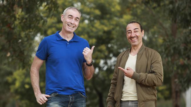 Greg Page with drummer Steve Pace who's quick actions delivered CPR and helped save his life. Picture: Justin Lloyd.