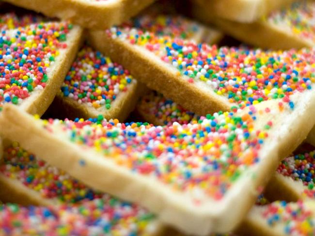 Fairy bread — buttered white bread covered in sprinkles, is a popular children’s birthday food. Picture: Supplied.