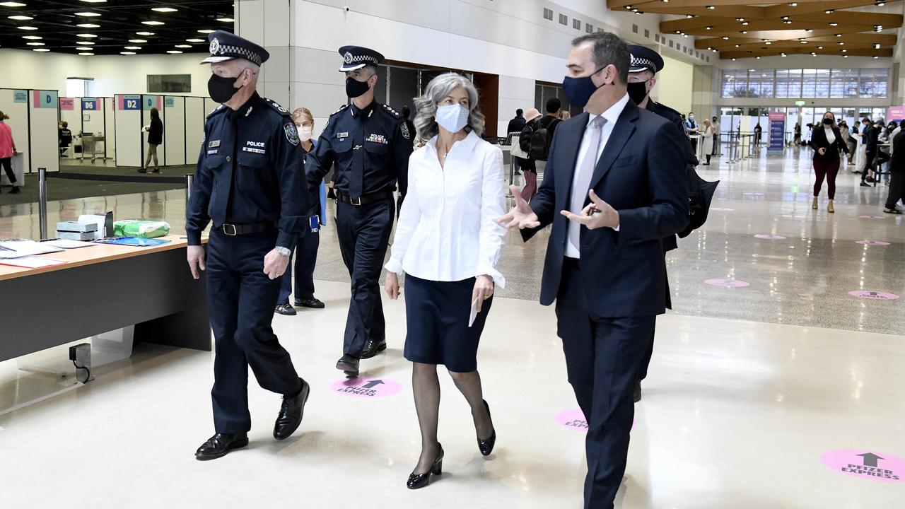 Premier Steven Marshall, chief public health officer Professor Nicola Spurrier and Police Commissioner Grant Stevens at the Wayville vaccine hub. Picture: Naomi Jellicoe