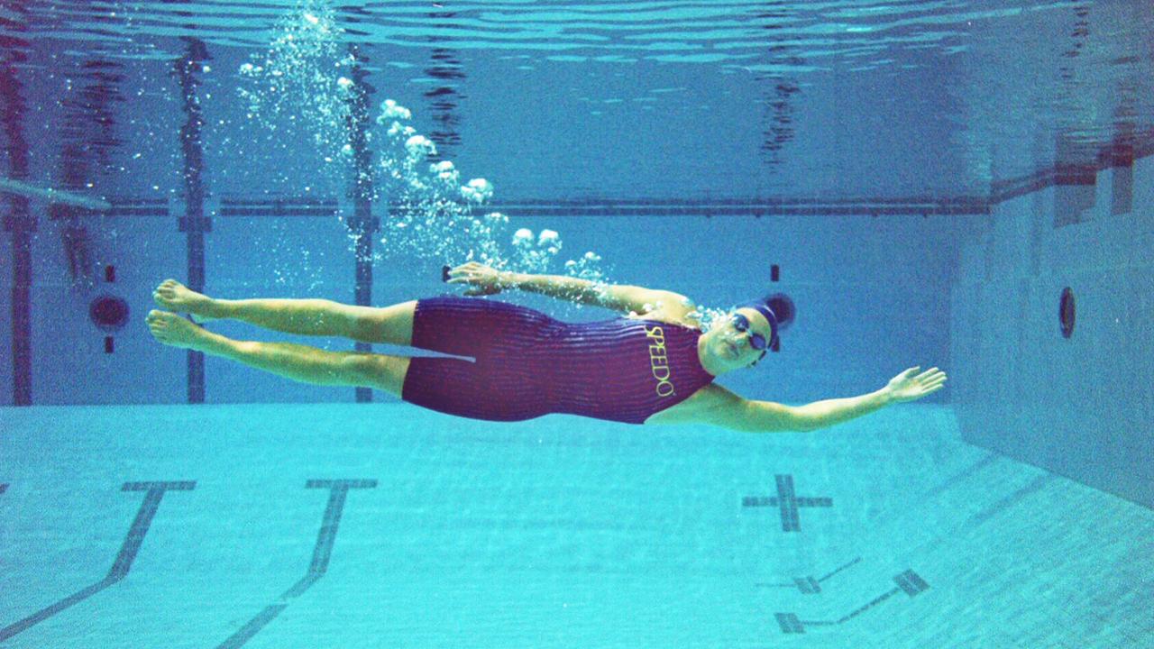Swimmer Stacey Gartrell tries out the new aquablade swimwear for the 1996 Olympic Games at Atlanta. Picture: Brendan Esposito