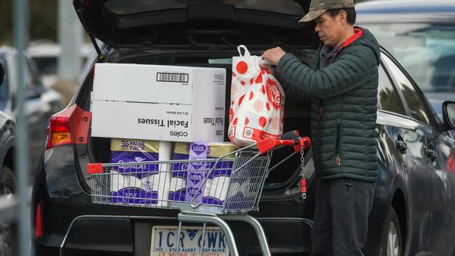 Panic buying appears to be underway on Tuesday at Keilor Central Shopping Centre amid fears of a second wave of COVID-19 in Victoria. Picture: Paul Jeffers/The Australian