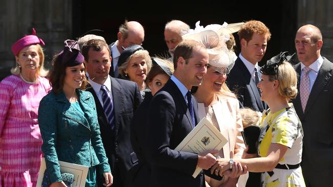 Katharine, Duchess of Kent, Princess Eugenie, Peter Phillips, Prince Edward, Duke of Kent, Princess Beatrice, Prince William, Duke of Cambridge, Catherine, Princess of Wales, Zara Phillips, Prince Harry, Mike Tindall and The Dean of Westminster, The Very Reverend Dr John Hall at a service. Picture: Dan Kitwood/Getty Images