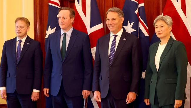 UK Defence Secretary Grant Shapps and UK Foreign Secretary David Cameron in Adelaide with Defence Minister Richard Marles and Foreign Affairs Minister Penny Wong for AUKMIN meetings in March. Picture: Kelly Barnes/NCA NewsWire