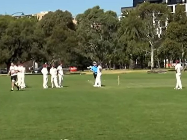 Edward Verco, in black shorts (L), is timed out. Picture: St Kilda Cricket Club