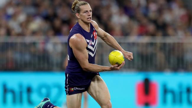 Nat Fyfe hurt his elbow at training after landing awkwardly. Picture: AAP