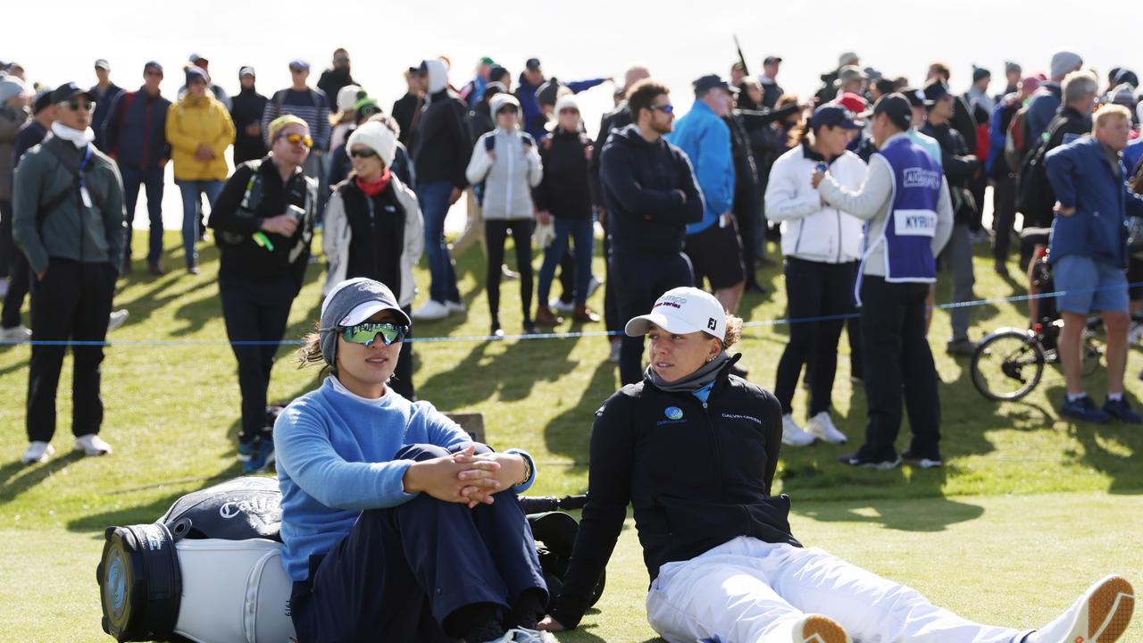 ST ANDREWS, SCOTLAND - AUGUST 22: Andrea Lee of the United States and Stephanie Kyriacou of Australia wait on the 11th hole.