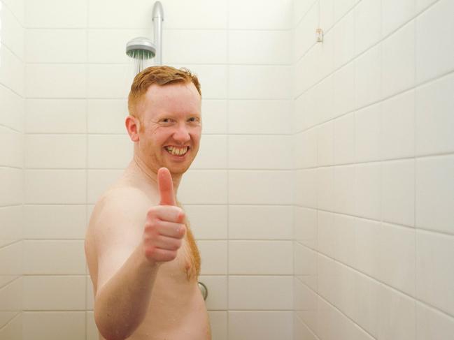 Luke McGregor in a shower scene for <span id="U614023966259mbF" style="font-weight:normal;font-style:italic;">Luke Warm Sex</span>. Picture: ABC