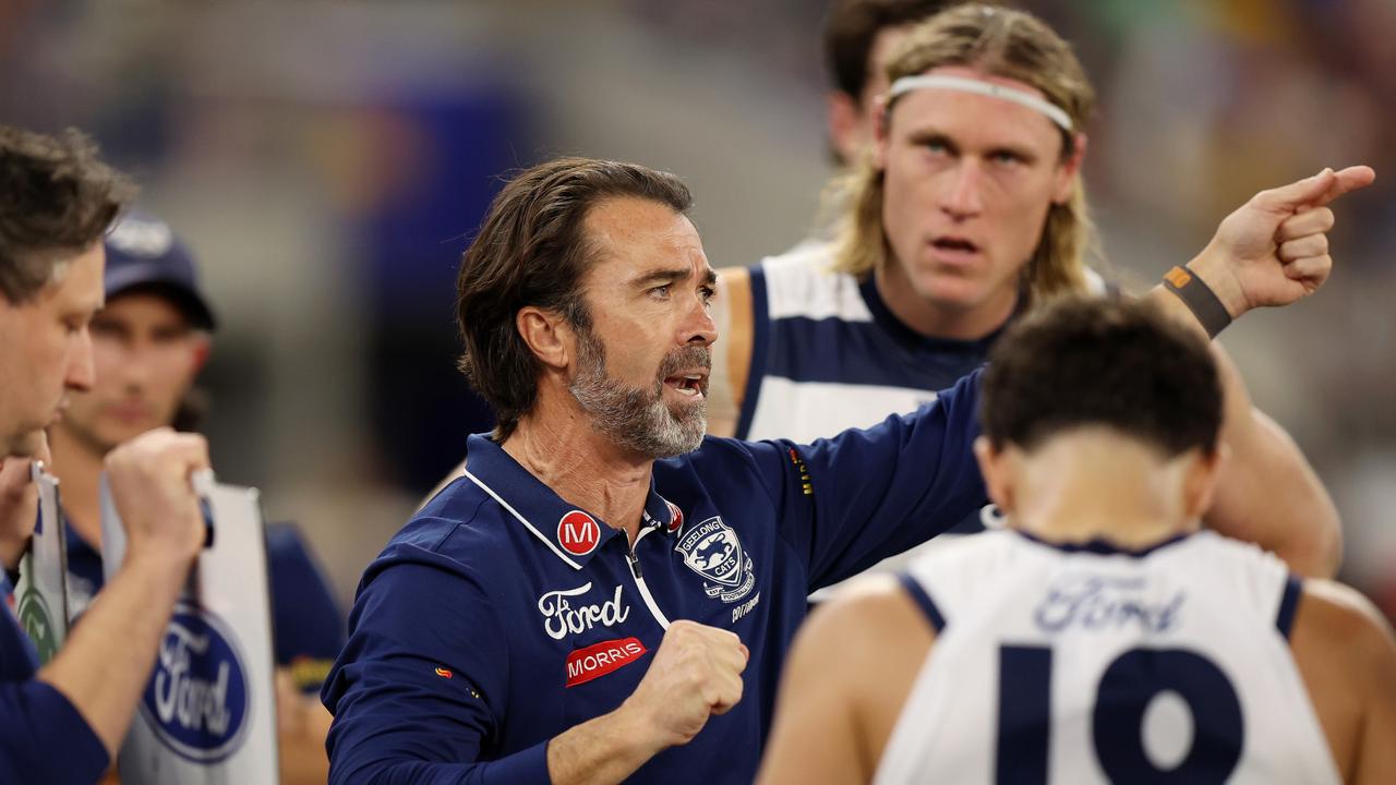 Geelong coach Chris Scott instructs his charges against West Coast in Perth. Picture: Janelle St Pierre/AFL Photos via Getty Images.