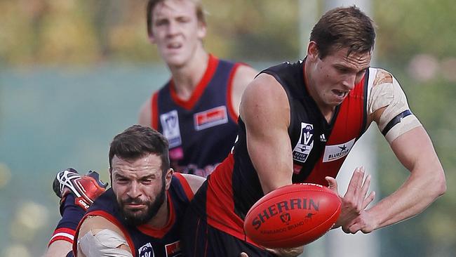 VFL footy: Essendon V Casey Scorpions , At Windy Hill, Essendon, Casey Scorpions won 16-11-107 v 10-14-74, James Ferry, 68, Essendon & William Petropoulos, 12, Casey Scorpions, Picture Yuri Kouzmin