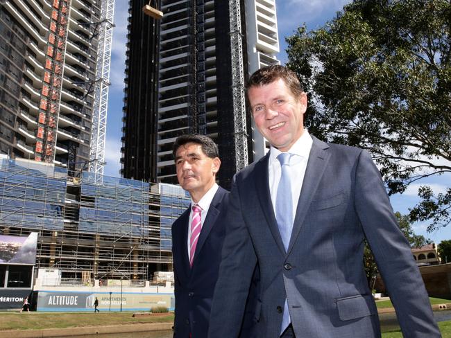 Former NSW Premier Mike Baird and Member for Parramatta Geoff Lee made the announcement about the location of the Powerhouse in 2015. Picture: Jonathan Ng