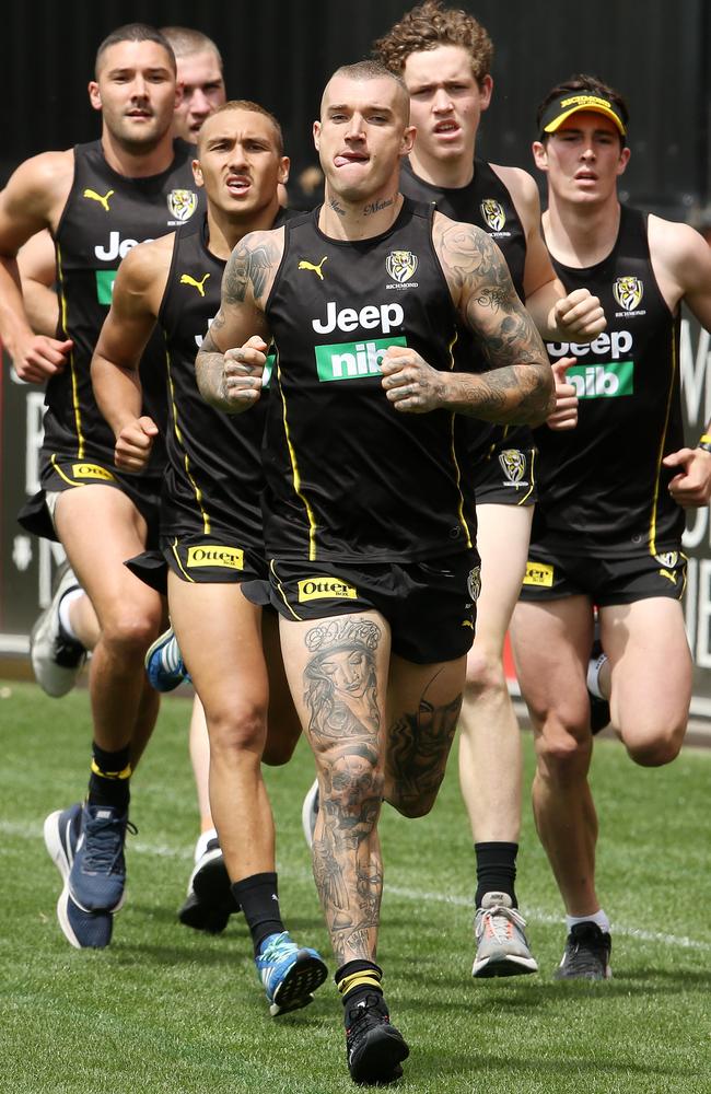 Dustin Martin leads his running group. Picture: Michael Klein