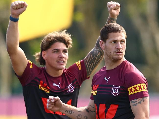 GOLD COAST, AUSTRALIA - JULY 13: Reece Walsh and Kalyn Ponga during a Queensland Maroons state of origin squad training session at Sanctuary Cove on July 13, 2024 in Gold Coast, Australia. (Photo by Chris Hyde/Getty Images)