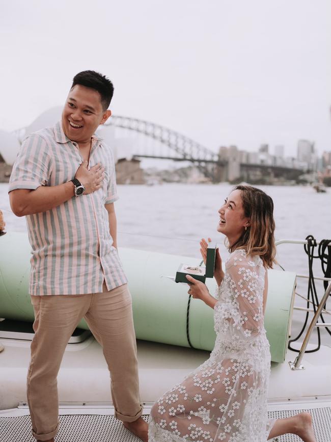 A photo of Ms Ong proposing with the Rolex, which turned out to be fake. Picture: Supplied