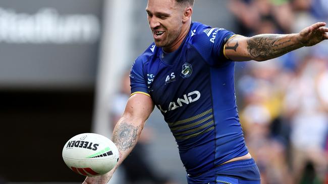 SYDNEY, AUSTRALIA - MARCH 09: Bryce Cartwright of the Eels celebrates scoring a try during the round one NRL match between Parramatta Eels and Canterbury Bulldogs at CommBank Stadium, on March 09, 2024, in Sydney, Australia. (Photo by Brendon Thorne/Getty Images)