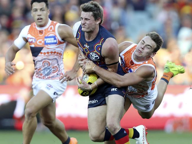 Matt Crouch struggles to break the tackle of Zac Langdon. Picture: Sarah Reed