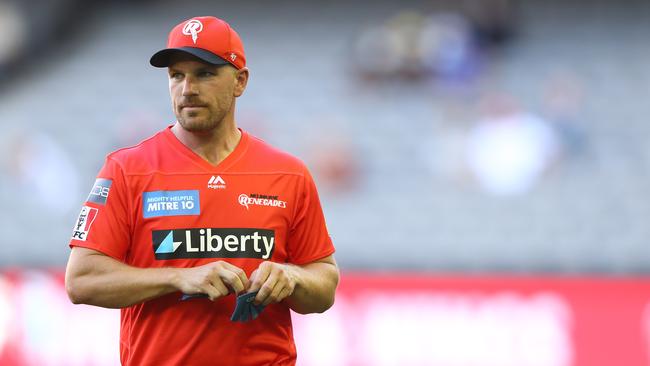 MELBOURNE, AUSTRALIA - JANUARY 20: Aaron Finch of the Renegades looks on prior to the Big Bash League match between the Melbourne Renegades and the Melbourne Stars at Marvel Stadium, on January 20, 2021, in Melbourne, Australia. (Photo by Robert Cianflone/Getty Images)