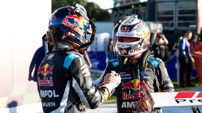 Broc Feeney and Will Brown congratulate each other at the Melbourne SuperSprint at Albert Park. (Photo by Daniel Kalisz/Getty Images)