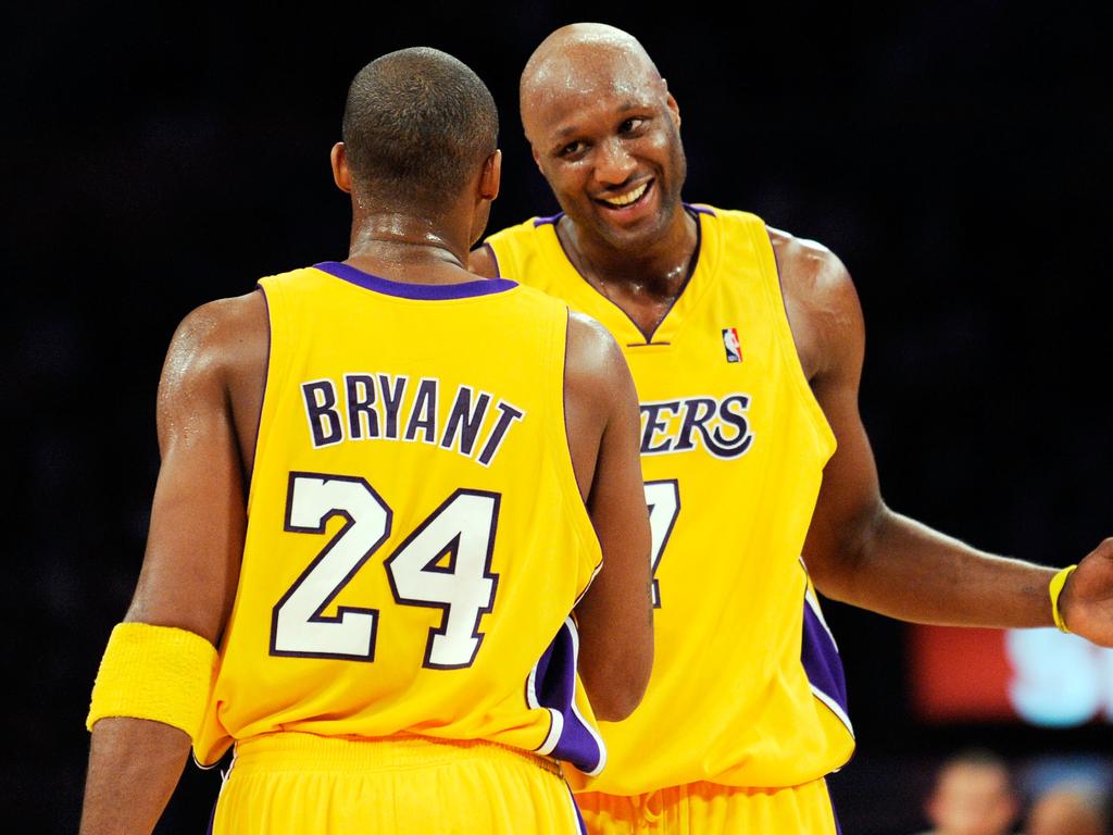 Lamar Odom #7 and Kobe Bryant #24 of the Los Angeles Lakers talk during a break in the action against the New York Knicks during the third quarter of the NBA game at Staples Center on November 24, 2009 in Los Angeles. Picture: Getty