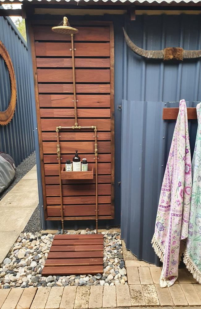 But she said he did one better, using Bunnings materials, to create her dream outdoor shower. Picture:Facebook/BunningsMumsInspirationHacksTipsAndTricks