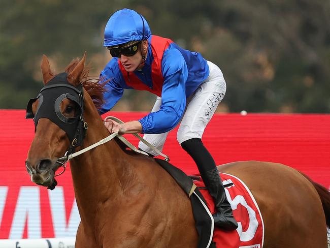 SYDNEY, AUSTRALIA - JUNE 29: Chad Schofield riding Golden Path wins Race 7 Toyota Forklifts W J McKell Cup during "McKell Cup Day" - Sydney Racing at Rosehill Gardens on June 29, 2024 in Sydney, Australia. (Photo by Jeremy Ng/Getty Images)