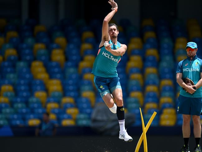 Mitchell Starc got through a full bowling session unscathed after a minor calf complaint kept him sidelined for the last match. Picture: Gareth Copley/Getty Images
