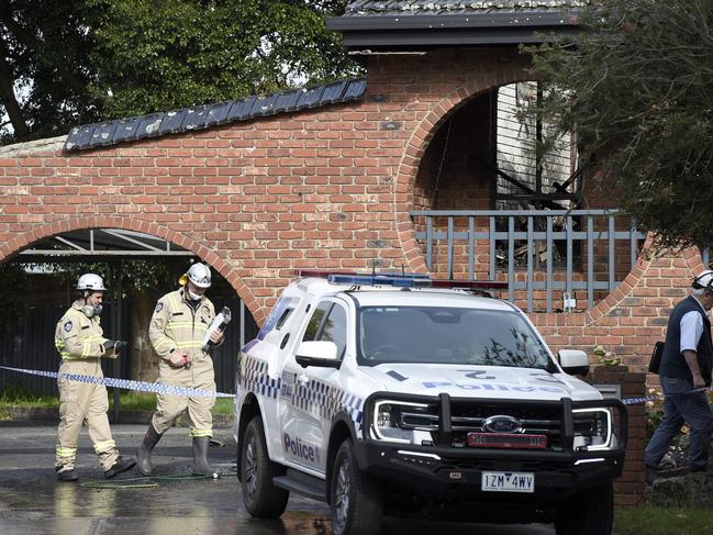 Police and fire crews at a property on Goldborough Crt Frankston South where a person was found dead. Picture: Andrew Henshaw