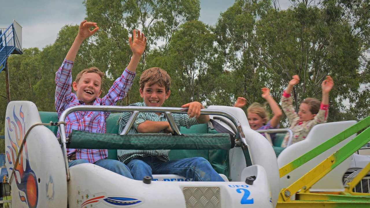 Toby Knight and Nate Ryan soak up all the fun at the 71st annual Cooyar Show. Picture: Kate McCormack