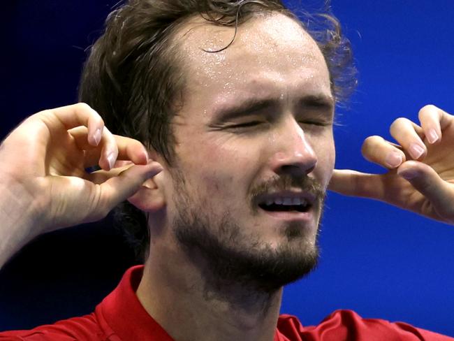 TURIN, ITALY - NOVEMBER 12:  Daniil Medvedev celebrates winning his match against Alex de Minaur of Australia during day three of the Nitto ATP finals 2024 at Inalpi Arena on November 12, 2024 in Turin, Italy. (Photo by Clive Brunskill/Getty Images)