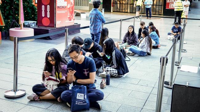 Shoppers line up outside Myer for the Boxing Day sales. Picture: Mike Burton