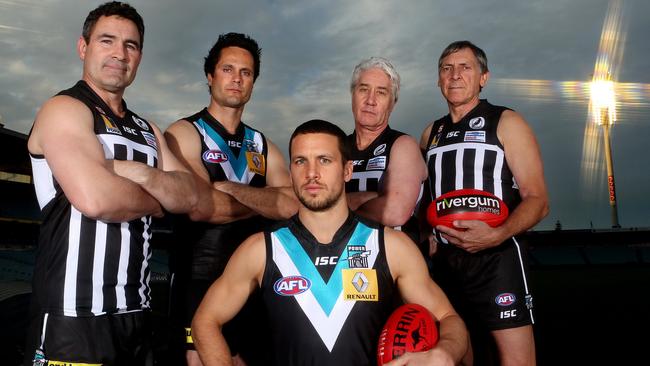 Port Adelaide greats get ready to farewell AAMI Stadium. Tim Ginever, Gavin Wanganeen, Travis Boak, Brian Cunningham and Russell Ebert. PIC SARAH REED.