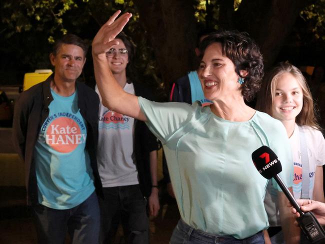 3/05/2025: Teal independent Kate Chaney arrives at her post-election party at the University of Western Australia. Picture: Paul Garvey