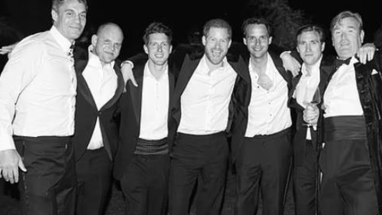 Prince Harry with a group of friends at his wedding reception. Picture: Netflix