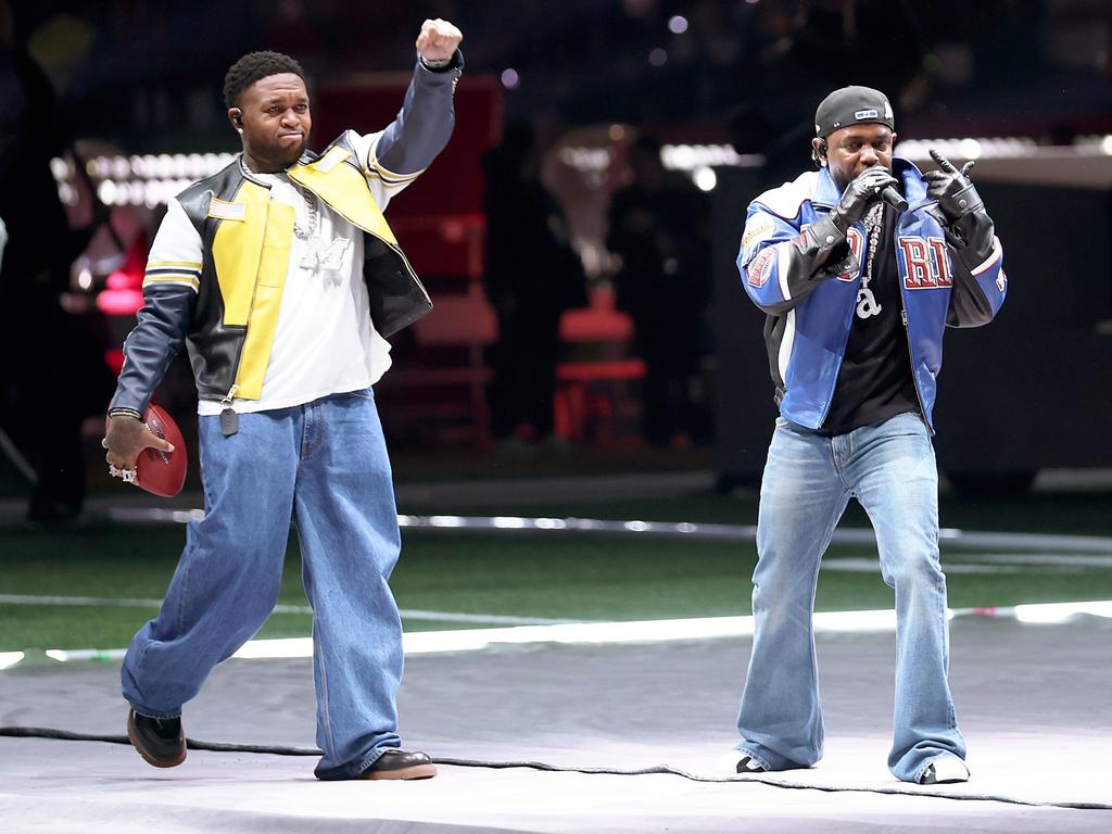 Mustard and Kendrick Lamar perform onstage during Apple Music Super Bowl LIX Halftime Show. Picture: Jamie Squire/Getty Images