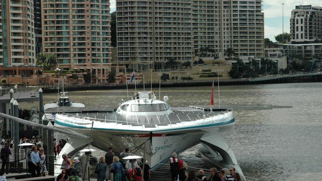 May 2011: The world’s biggest solar powered boat, Turanor, arrives at Eagle Street Pier. Picture: AAP Image/Darren Cartwright