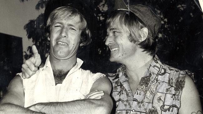 1973. Comedians Paul Hogan and John Cornell ("Strop"). Picture Herald Sun