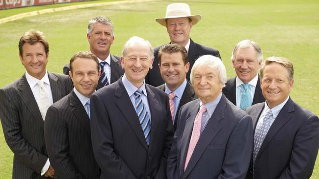 Slater was part of Channel 9’s cricket coverage. Pictured in 2008 from left to right is Mark Nicholas, Michael Slater, Simon O'Donnell, Bill Lawry, Mark Taylor, Tony Greig, Richie Benaud, Ian Chappell and Ian Healy.