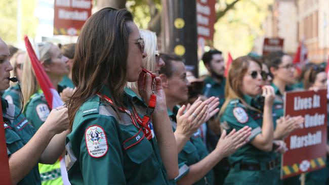 Paramedics protest on April 1 on the steps of Parliament House in Adelaide. Picture: NCA NewsWire / Emma Brasier