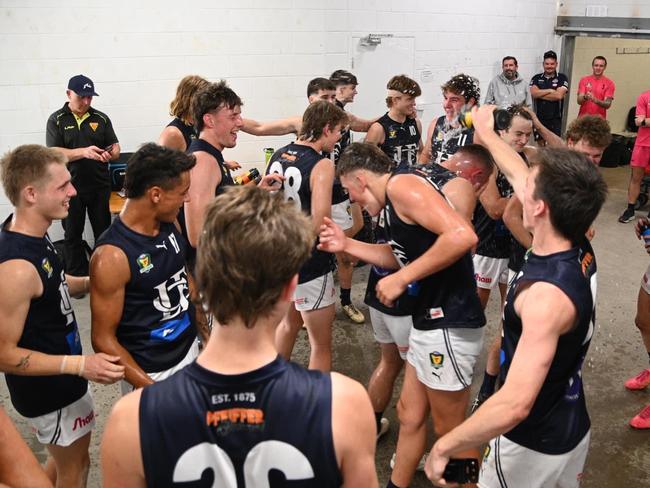 Launceston's player celebrate after Saturday's upset road win at Lauderdale. Picture: Sarah Cocker/Launceston FC