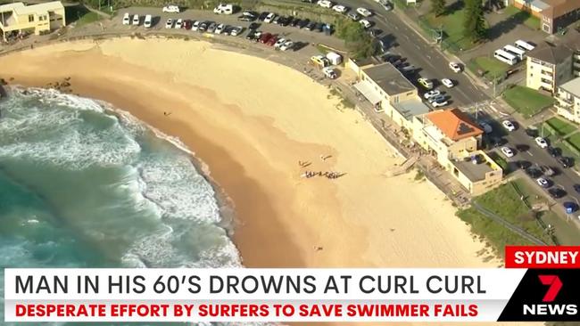 A man in his 60s has died at South Curl Curl beach on Tuesday morning after being pulled unconscious from the surf. Picture: 7News