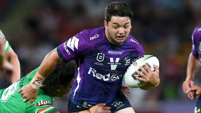 BRISBANE, AUSTRALIA - OCTOBER 16: Brandon Smith of the Storm makes a run during the NRL Preliminary Final match between the Melbourne Storm and the Canberra Raiders at Suncorp Stadium on October 16, 2020 in Brisbane, Australia. (Photo by Jono Searle/Getty Images)