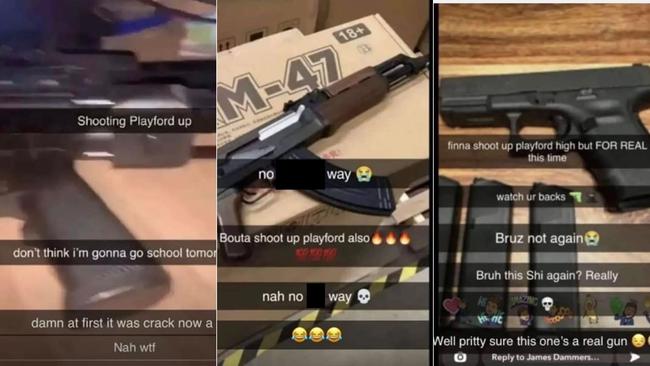 Three alleged Snapchat shooting threats made across Sunday and Monday and targeting Playford International College. Pictures: Supplied