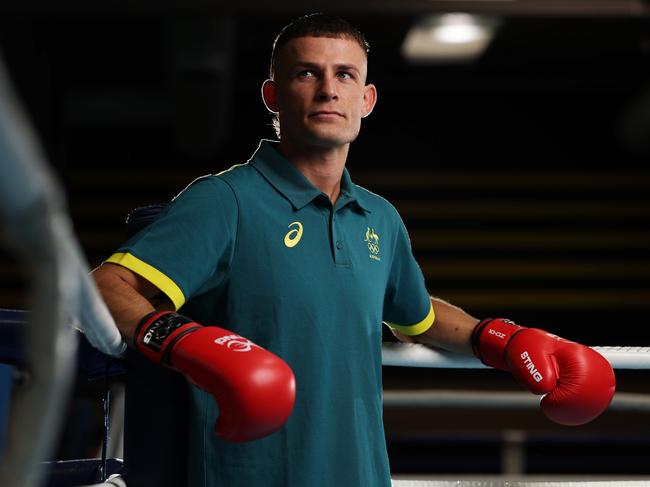 CANBERRA, AUSTRALIA - MARCH 15:  Harry Garside poses during the Australian 2024 Paris Olympic Games Boxing Squad Announcement at AIS Combat Centre on March 15, 2024 in Canberra, Australia. (Photo by Matt King/Getty Images for AOC)