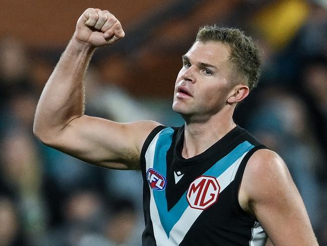 ADELAIDE, AUSTRALIA - AUGUST 03: Dan Houston of the Power  celebrates a goal  during the round 21 AFL match between Port Adelaide Power and Sydney Swans at Adelaide Oval, on August 03, 2024, in Adelaide, Australia. (Photo by Mark Brake/Getty Images)